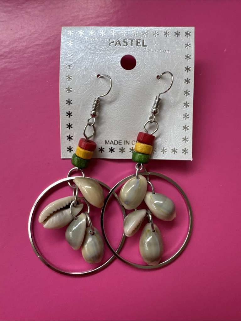 Pastel 3" Long Shell Beads Hoops Silvertone Earrings Resort Summer Cruise New